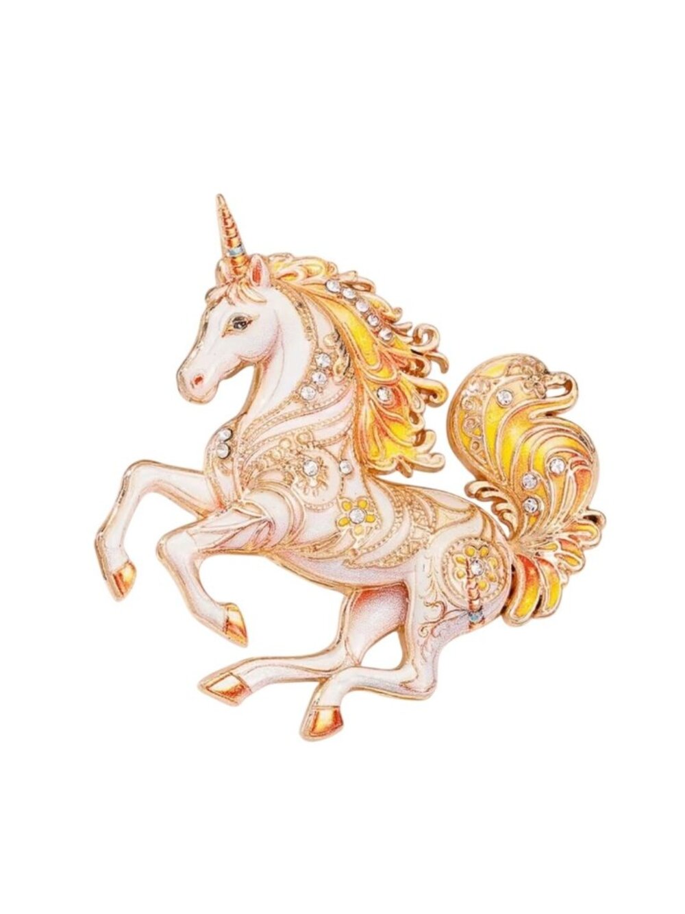 Yellow Enamel Unicorn Brooch Pin With Rhinestone Accents Gold-Tone